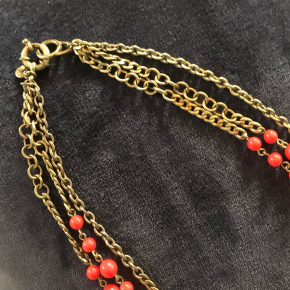 J CREW Long 3-Strand Beaded Poppy Red & Antique Gold Toned Necklace - Picture 5 of 10
